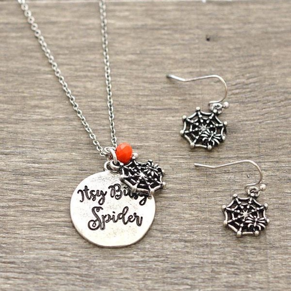 Itsy Bitsy Spider Necklace Set Silver Halloween